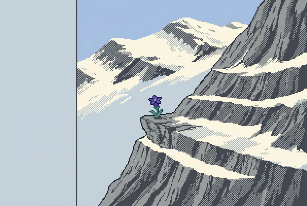 A violet gentian flower on a rocky alpine ledge, rendered in pixel art